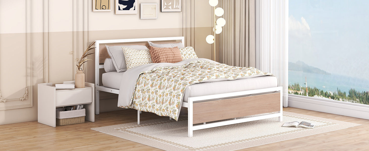 Queen Size Platform Bed, Metal and Wood Bed Frame with Headboard and Footboard , White - Atlantic Fine Furniture Melbourne FL