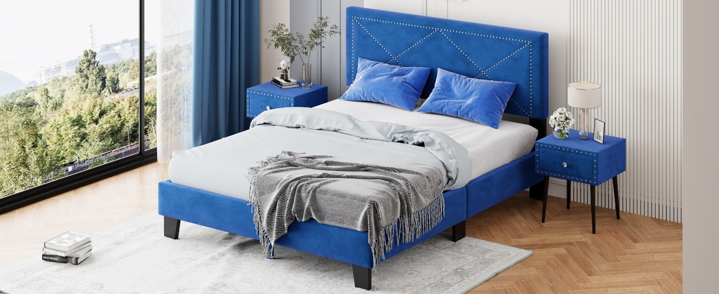 Simple Queen Size Upholstered Bed Frame with Rivet Design, Modern Velvet Platform Bed with headboard, Blue - Atlantic Fine Furniture Melbourne FL