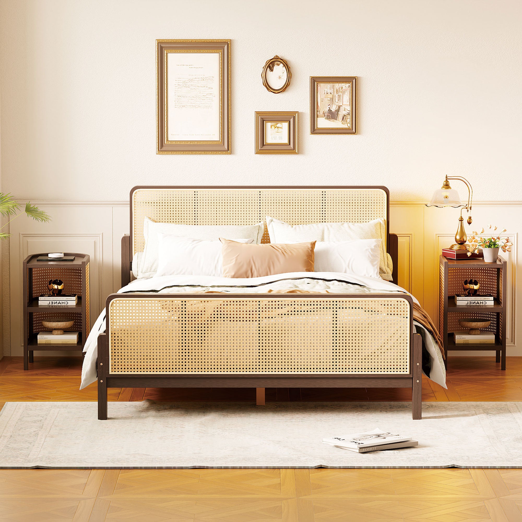 3 Pieces Rattan Platform Full Size Bed With 2 Nightstands,Walnut - Atlantic Fine Furniture Melbourne FL