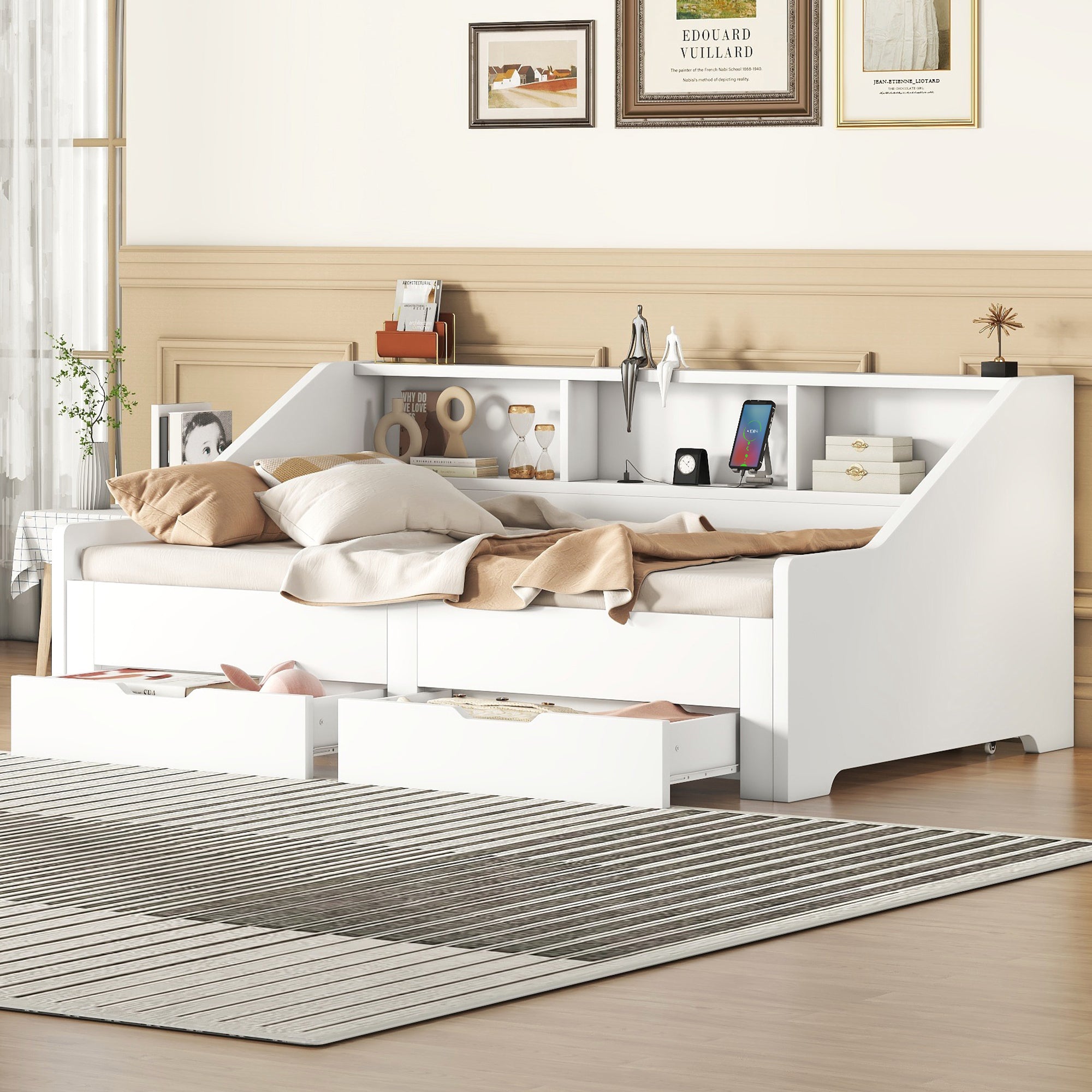 Twin to King Size Daybed Frame with Storage Bookcases and Two Drawers,Charging Design,White - Atlantic Fine Furniture Melbourne FL