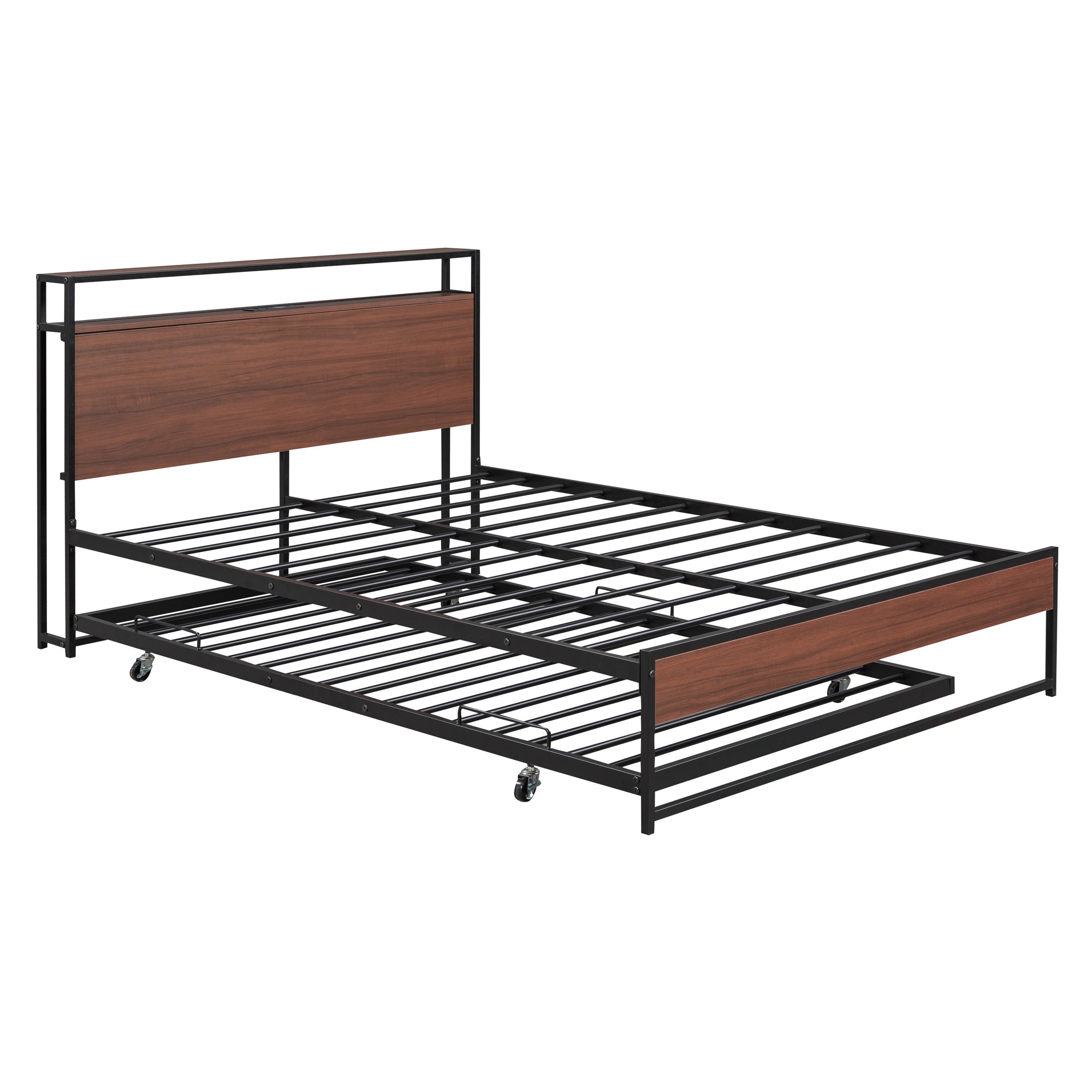 Full Size Metal Platform Bed Frame with Trundle, USB Ports and Slat Support ,No Box Spring Needed Black