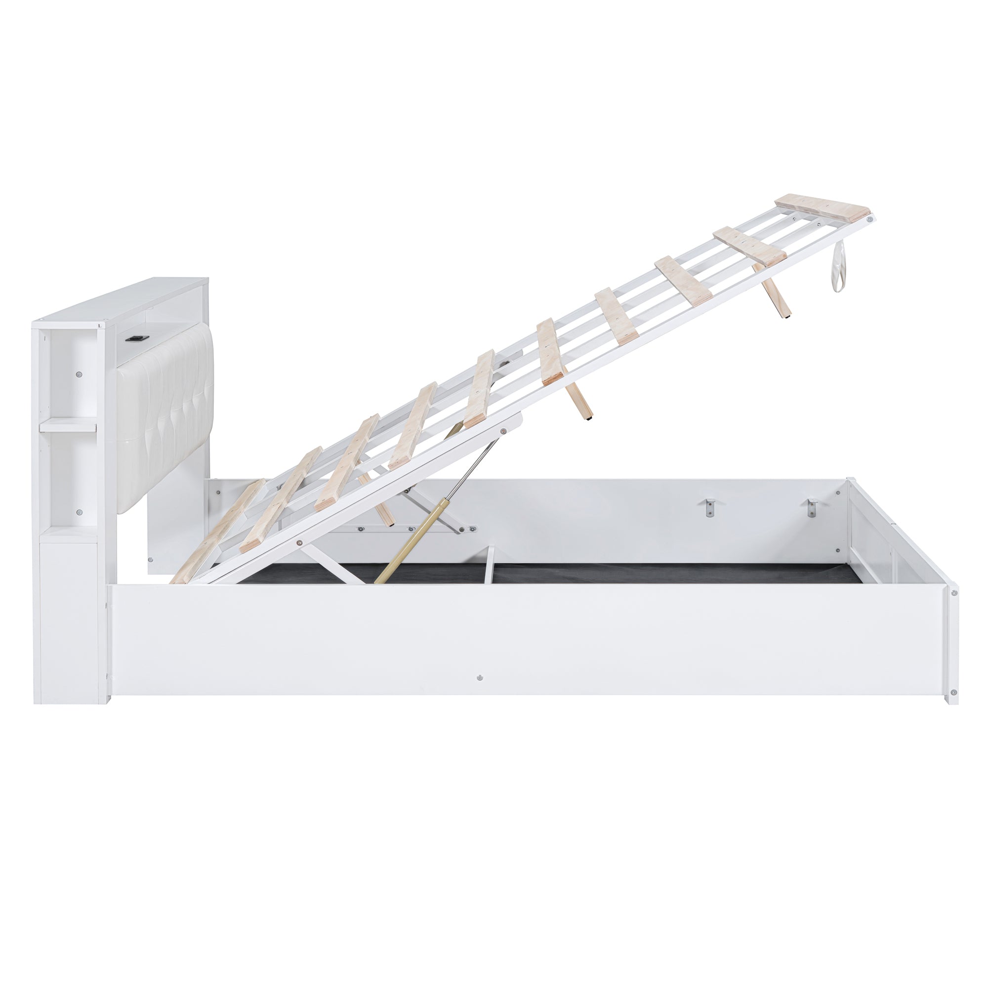 Queen Size Tufted Upholstered Platform Bed with Storage Headboard and Hydraulic Storage System, Modern PU Storage Bed with Motion Activated Night Lights and USB Charger,White