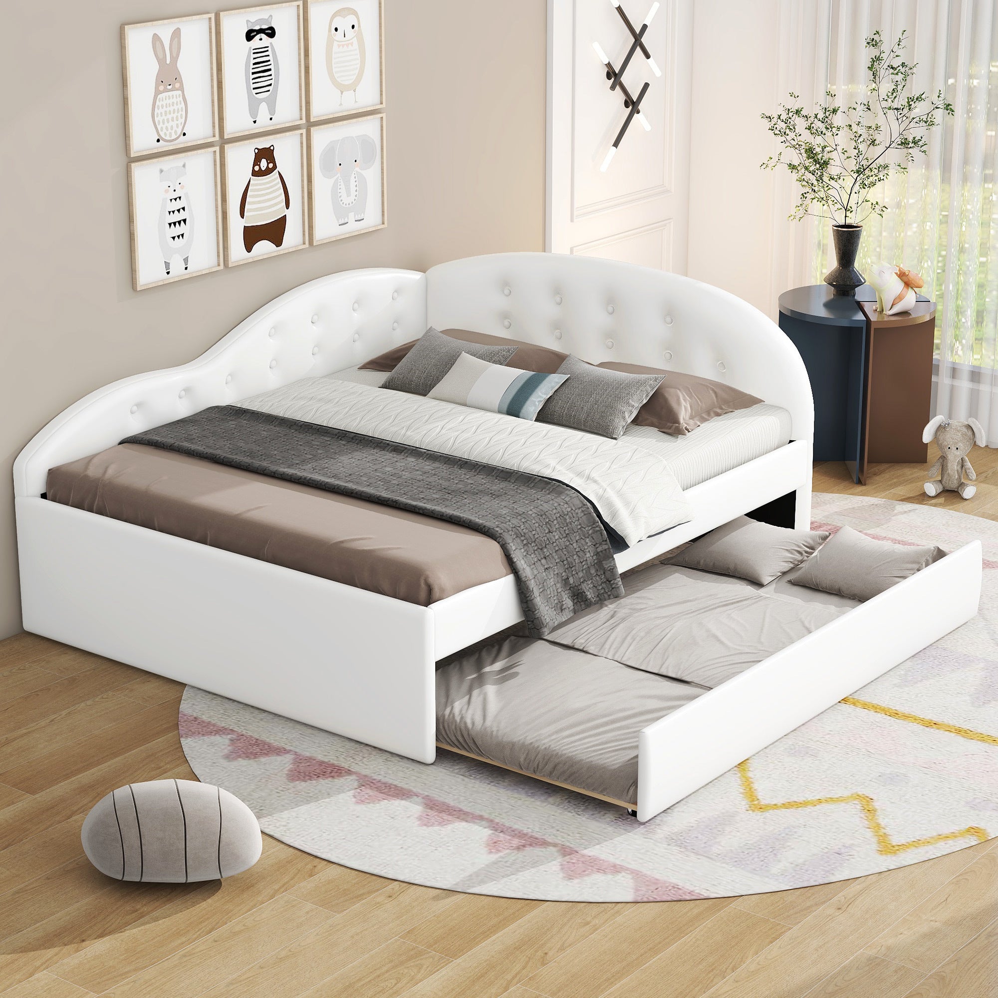 Full Size PU Upholstered Tufted Daybed with Trundle and Cloud Shaped Guardrail, White - Atlantic Fine Furniture Melbourne FL