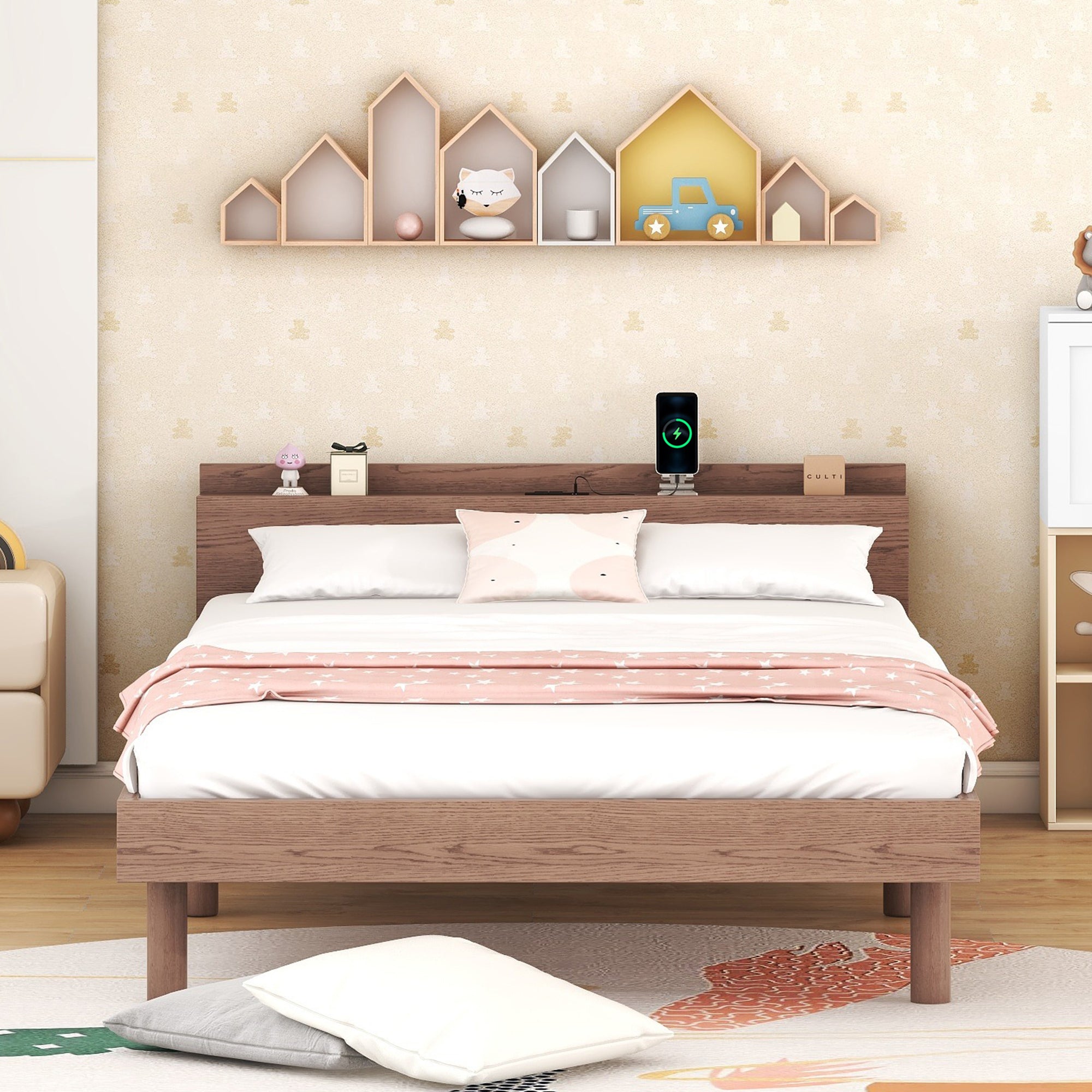 Modern Design Twin Size Platform Bed Frame with Built-in USB port for Walnut Color - Atlantic Fine Furniture Melbourne FL