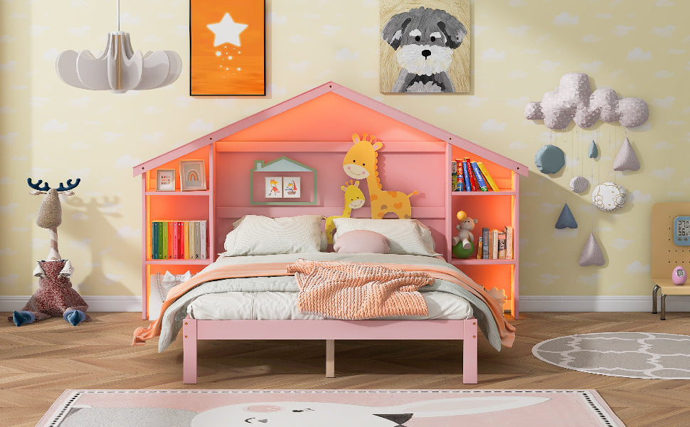 Wood Full Size Platform Bed with House-shaped Storage Headboard and Built-in LED, Pink - Atlantic Fine Furniture Melbourne FL