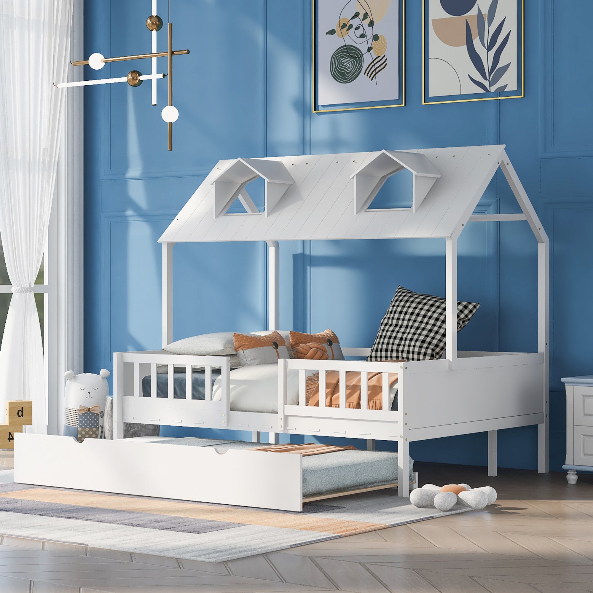 Full Size House Bed Wood Bed with Twin Size Trundle ( White ) - Atlantic Fine Furniture Melbourne FL