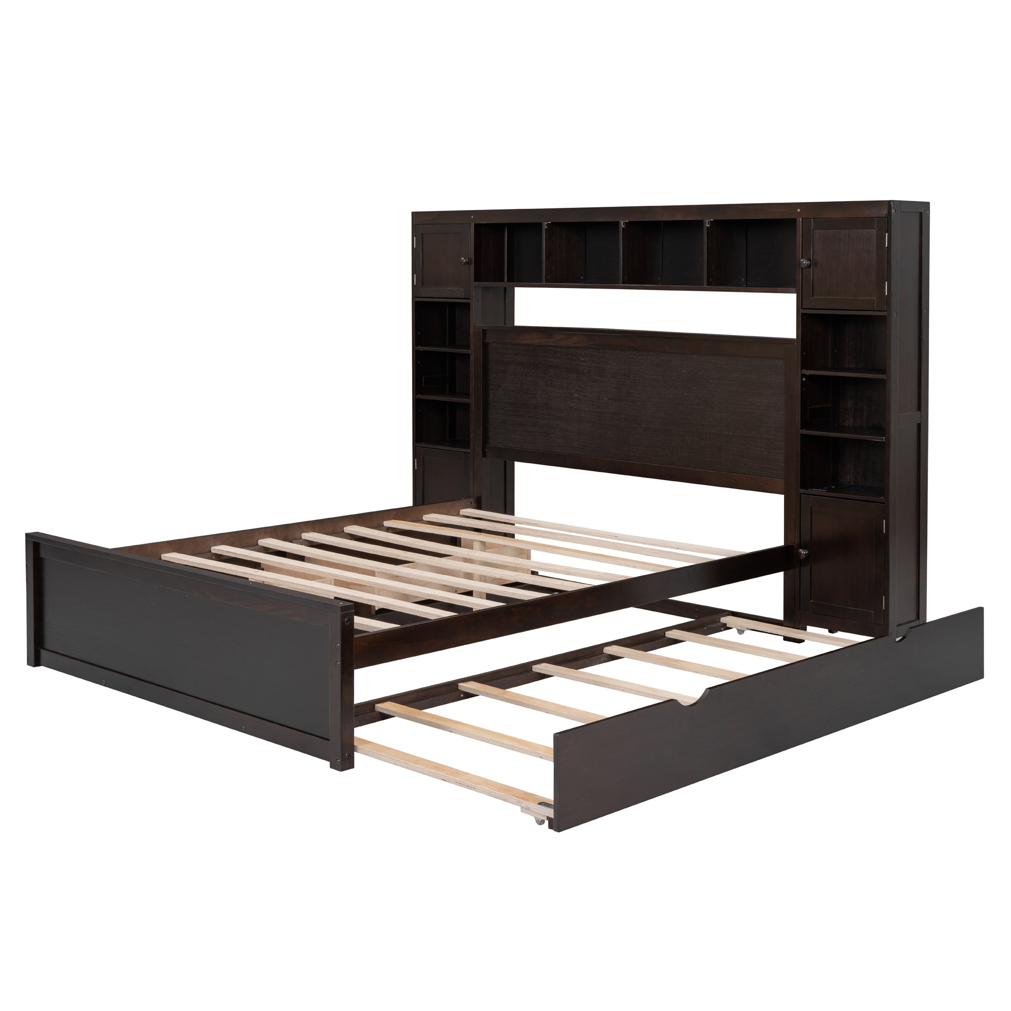 Queen Size Wooden Bed With All-in-One Cabinet, Shelf and Sockets, Espresso - Atlantic Fine Furniture Melbourne FL