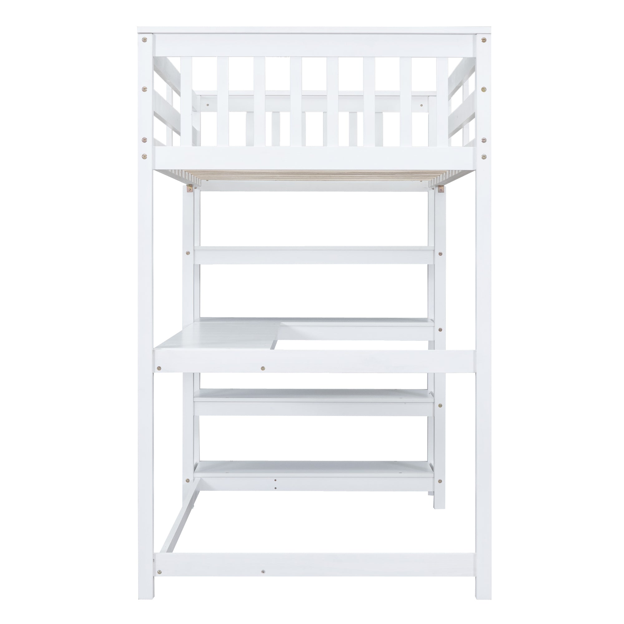 Twin Size Loft Bed with Storage Shelves and Under-bed Desk, White