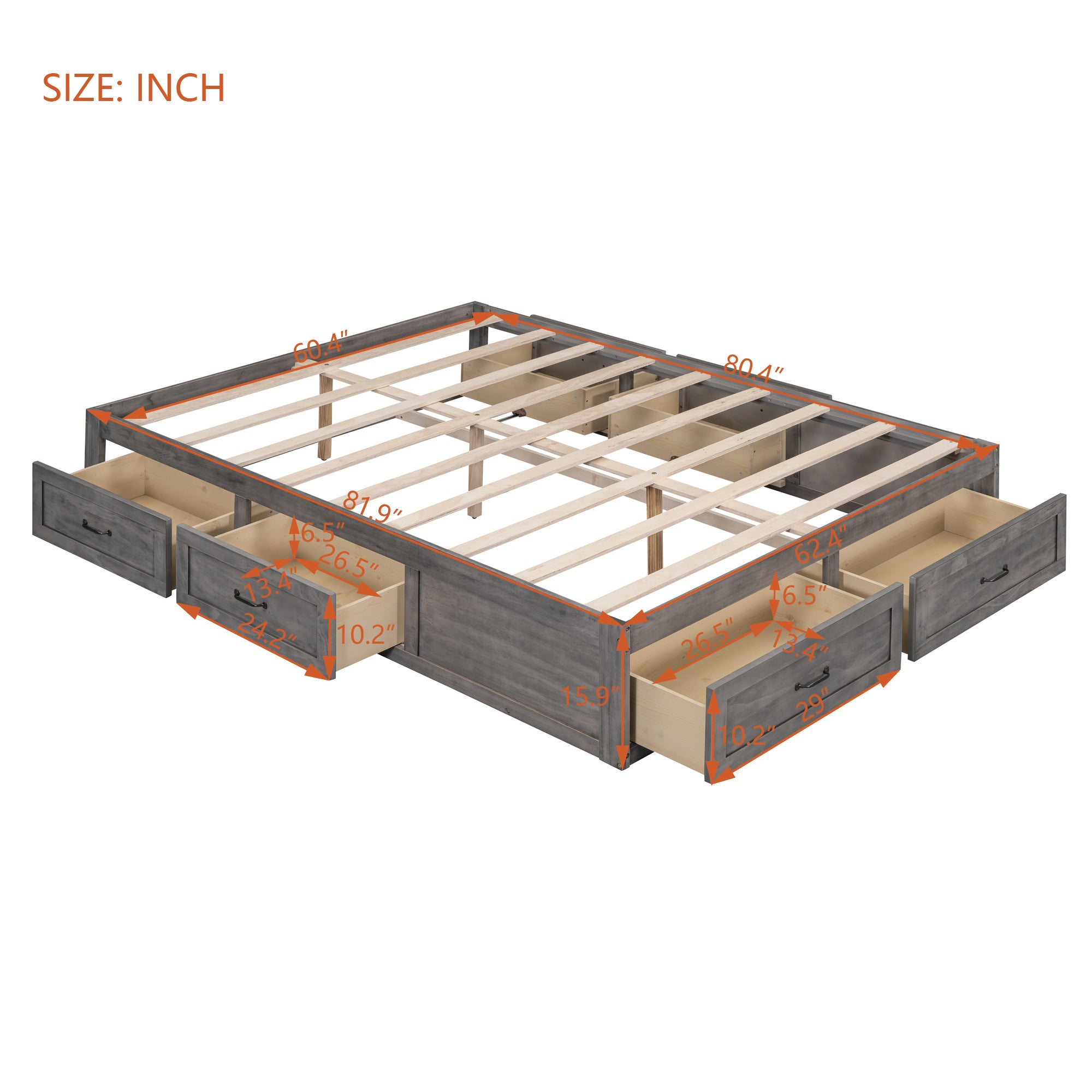 Queen Size Platform Bed with 6 Storage Drawers,Antique Gray - Atlantic Fine Furniture Melbourne FL