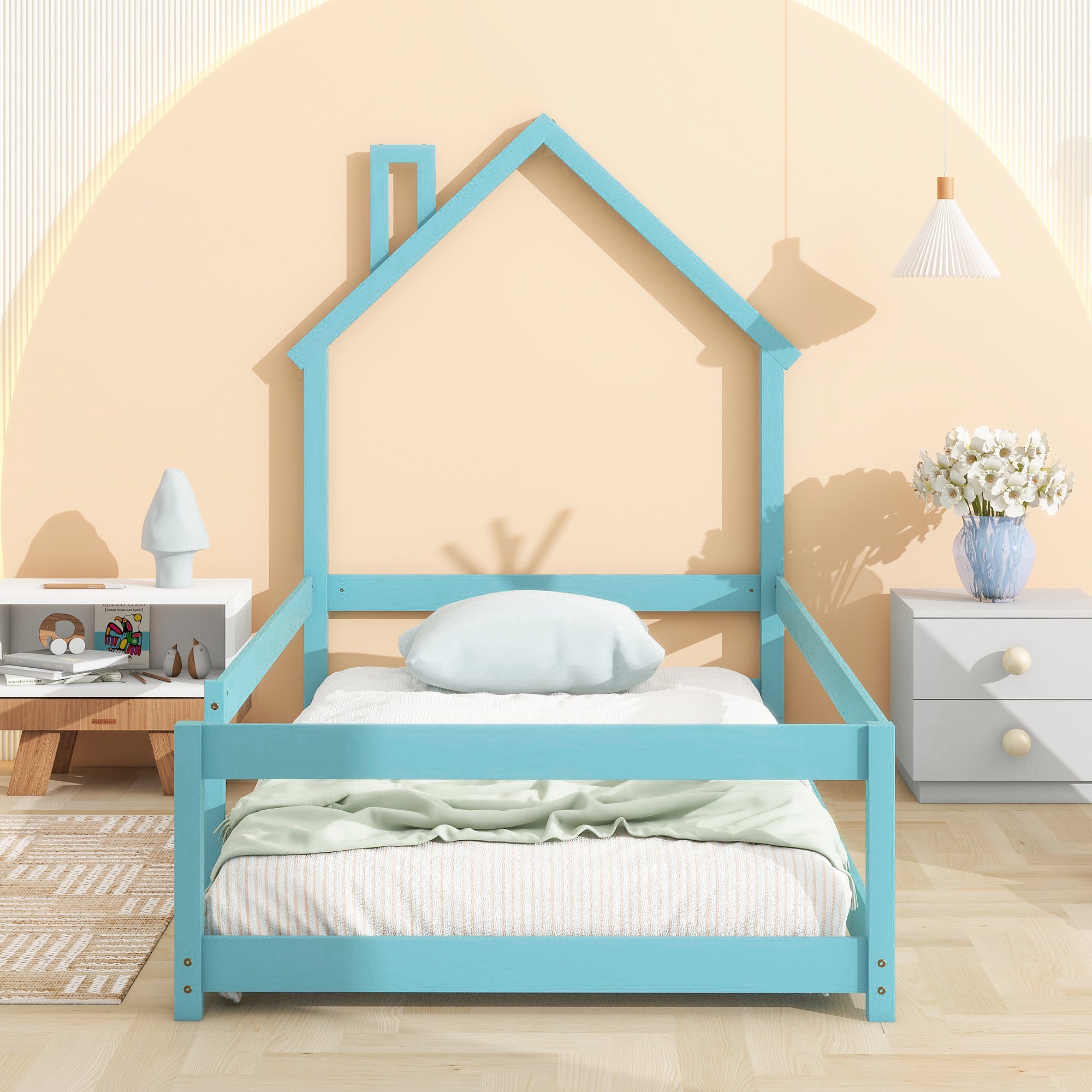 Twin Size Wood bed with House-shaped Headboard Floor bed with Fences,Light Blue