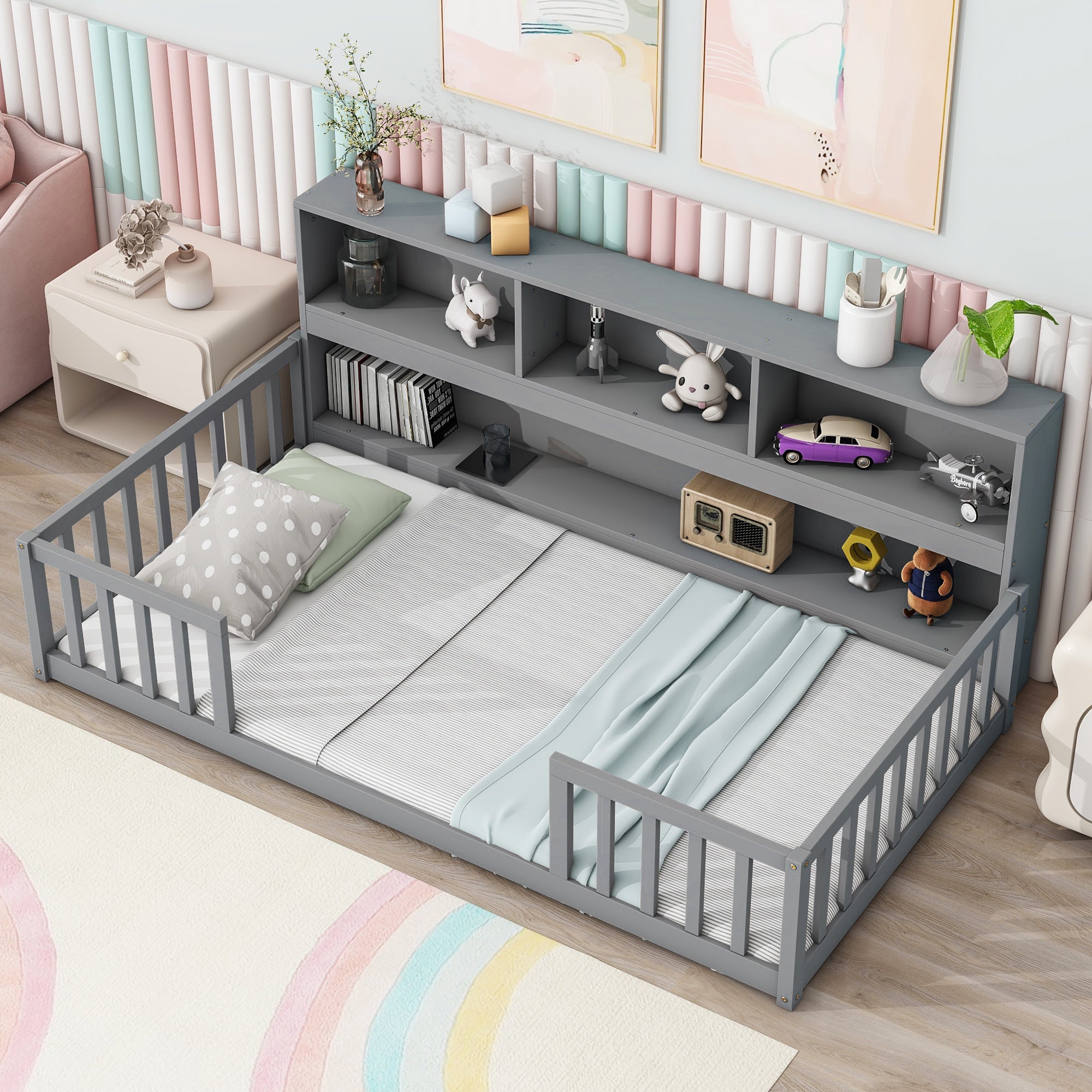 Twin Floor Bed with Bedside Bookcase,Shelves,Guardrails,Grey