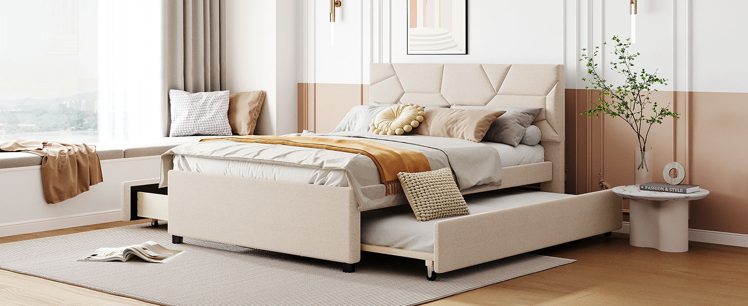 Full Size Upholstered Platform Bed with Brick Pattern Headboard, with Twin Size Trundle and 2 Drawers, Linen Fabric, Beige - Atlantic Fine Furniture Melbourne FL