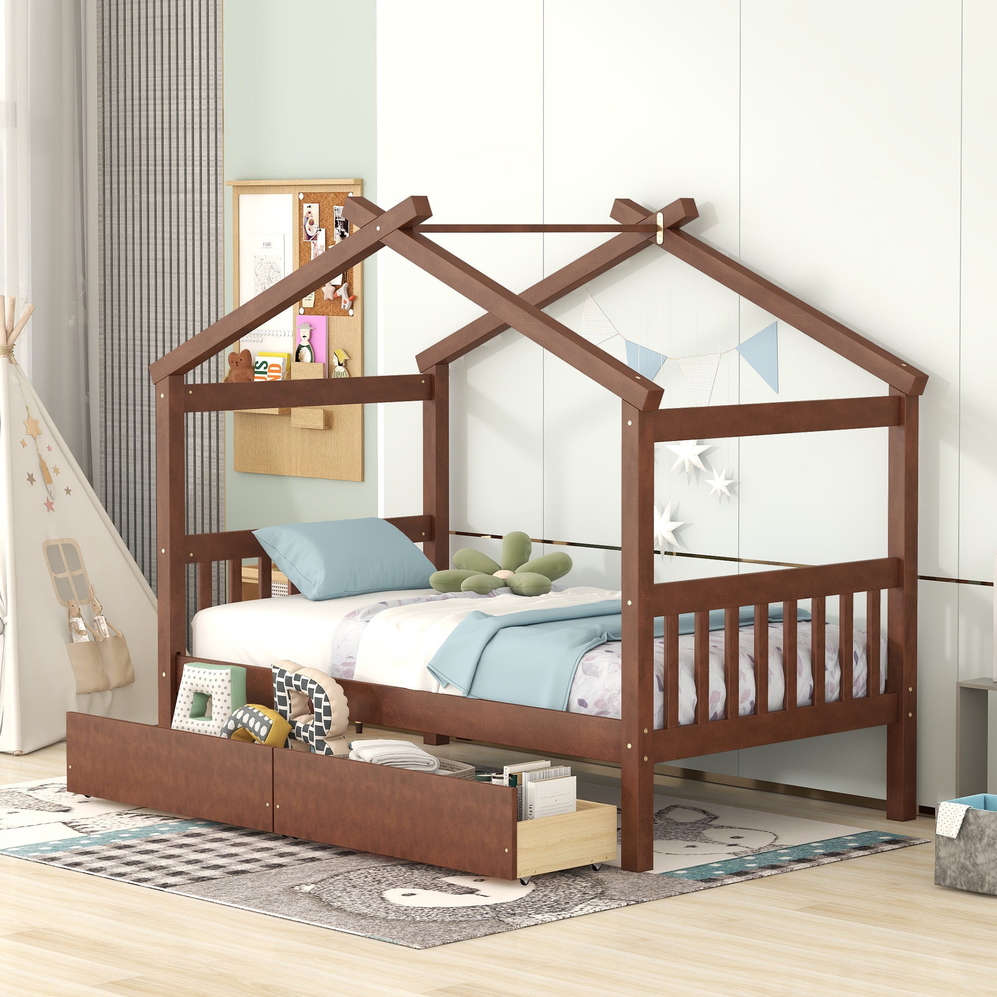Twin Size Wooden House Bed with Drawers, Walnut - Atlantic Fine Furniture Melbourne FL