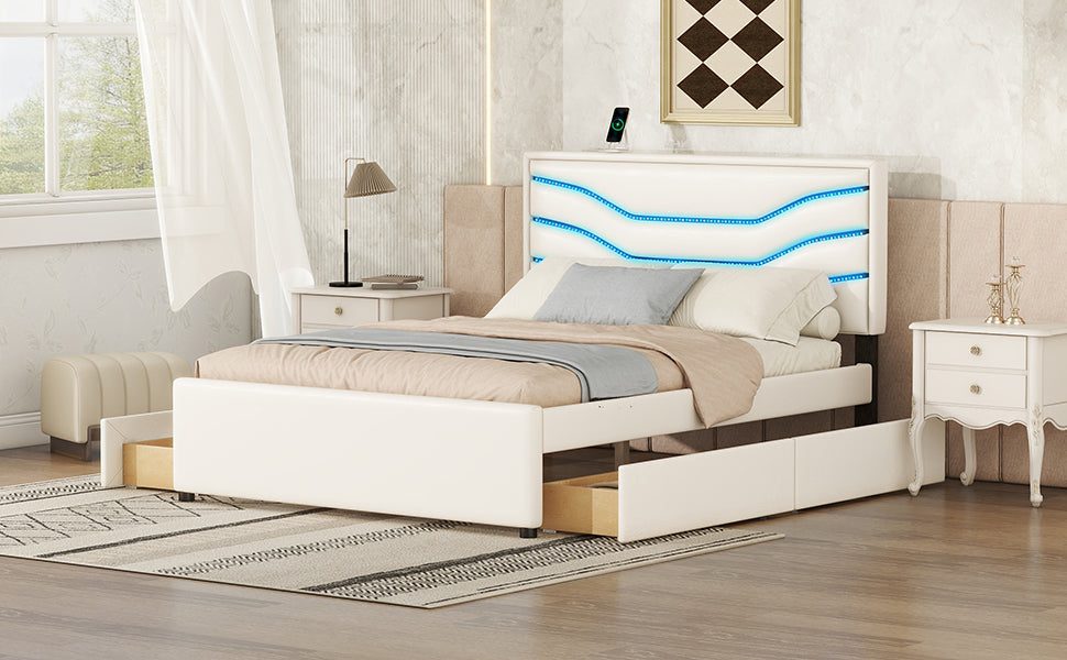 Queen Size Upholstered Storage Platform Bed with LED, 4 Drawers and USB Charging, White - Atlantic Fine Furniture Melbourne FL