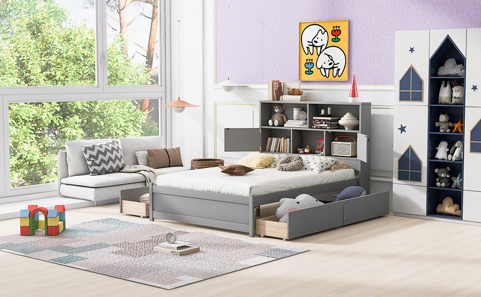 Full Size Platform Bed with Storage Headboard, Charging Station and 4 Drawers, Gray - Atlantic Fine Furniture Melbourne FL