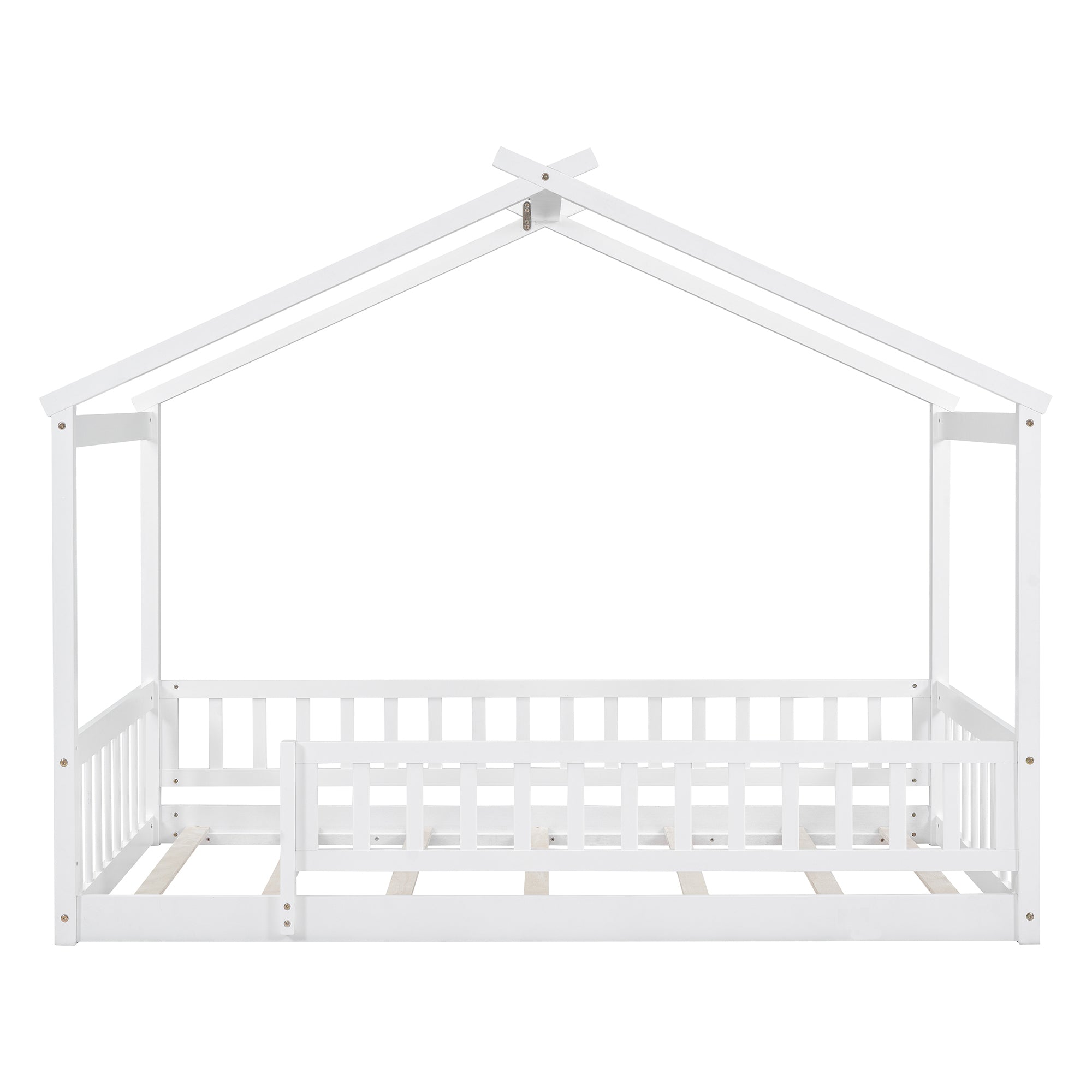 Twin Size Wood Bed House Bed Frame with Fence, for Kids, Teens, Girls, Boys,White