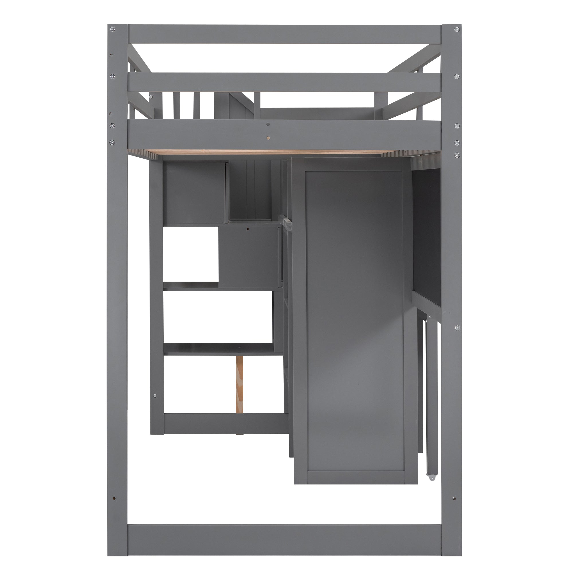 Twin Size Loft Bed with Pullable Desk and Storage Shelves,Staircase and Blackboard,Gray