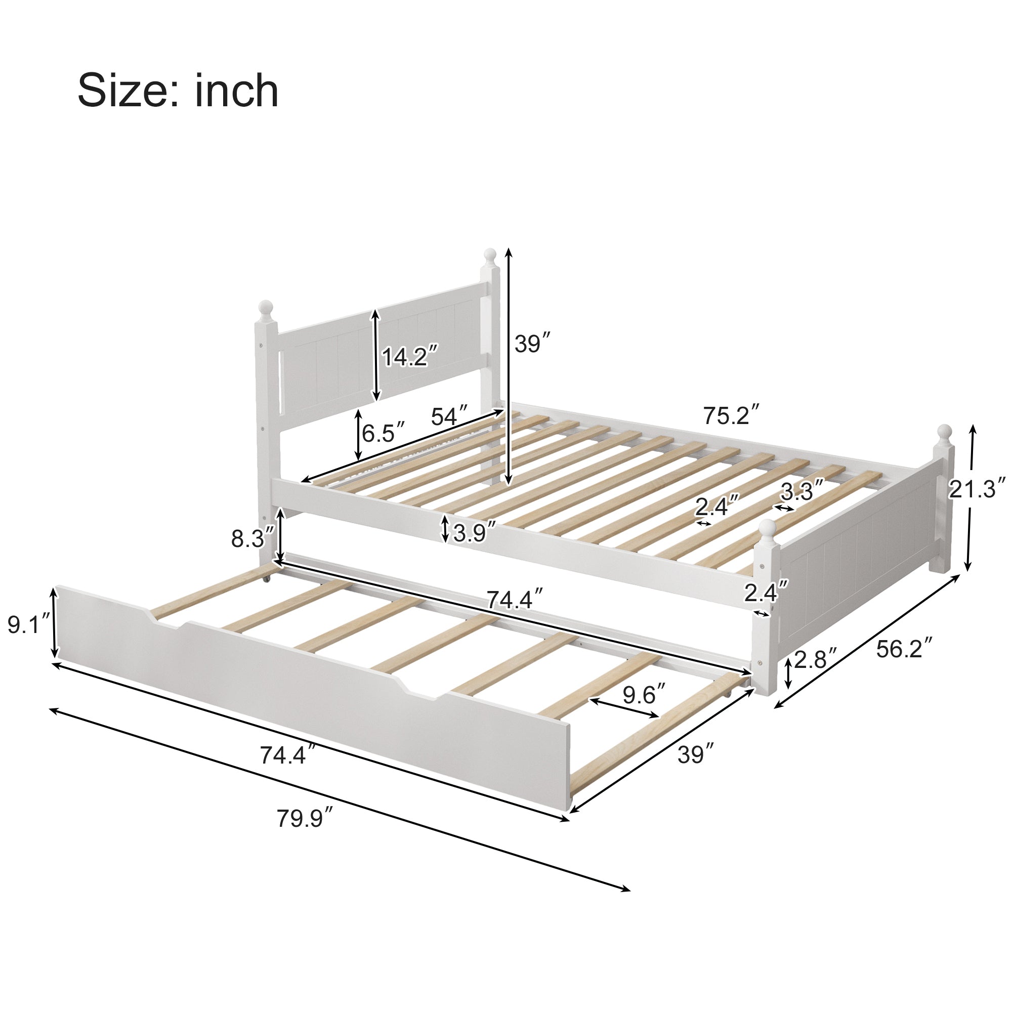 Full Size Solid Wood Platform Bed Frame with trundle for Limited Kids, Teens, Adults, No Need Box Spring, White - Atlantic Fine Furniture Melbourne FL