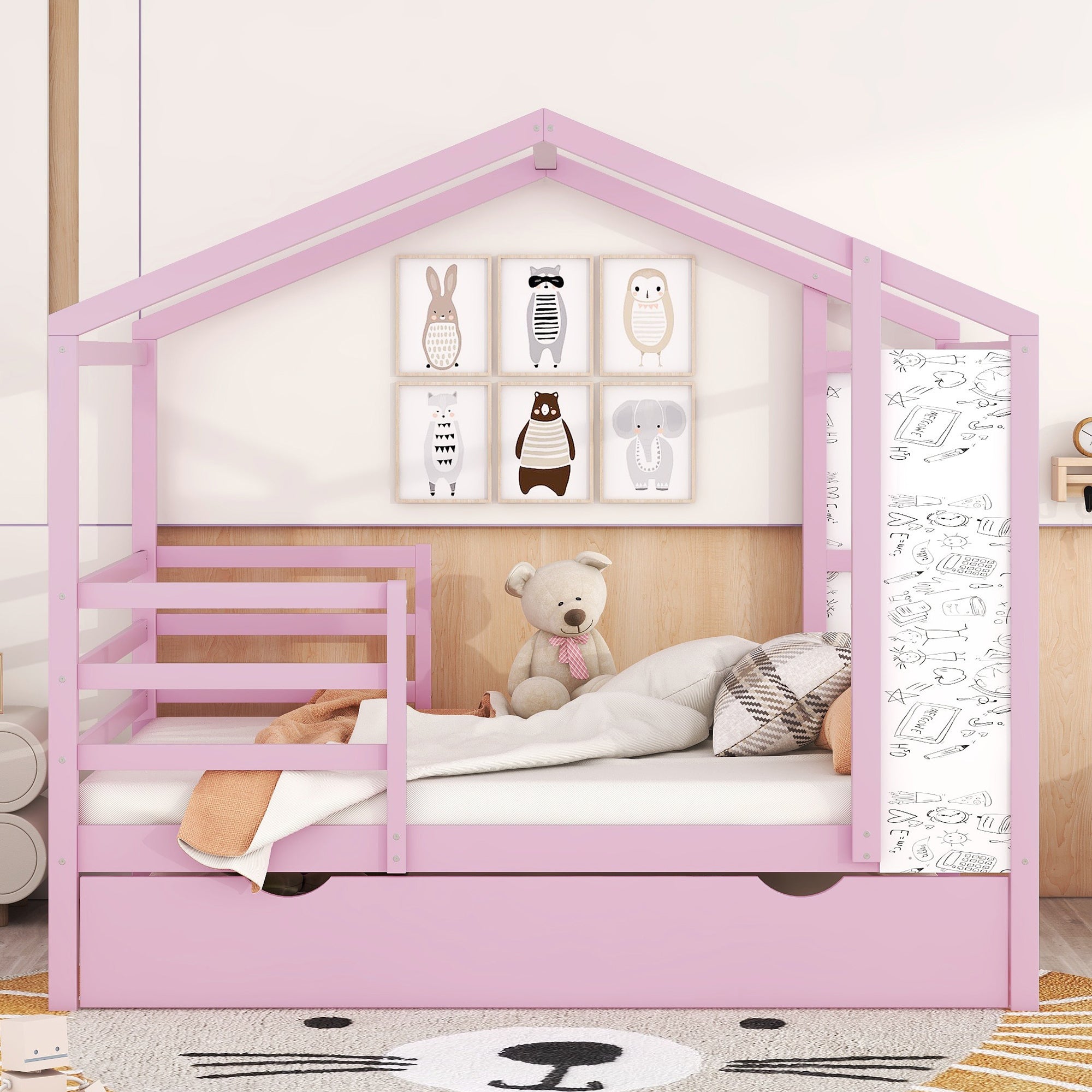 Full Size Wood House Bed with Fence and Writing Board, Pink - Atlantic Fine Furniture Melbourne FL