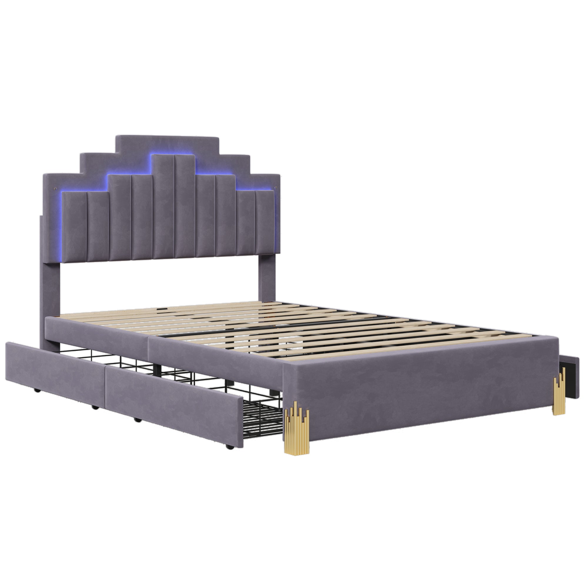 Full Size Upholstered Platform Bed with LED Lights and 4 Drawers, Stylish Irregular Metal Bed Legs Design, Gray - Atlantic Fine Furniture Melbourne FL