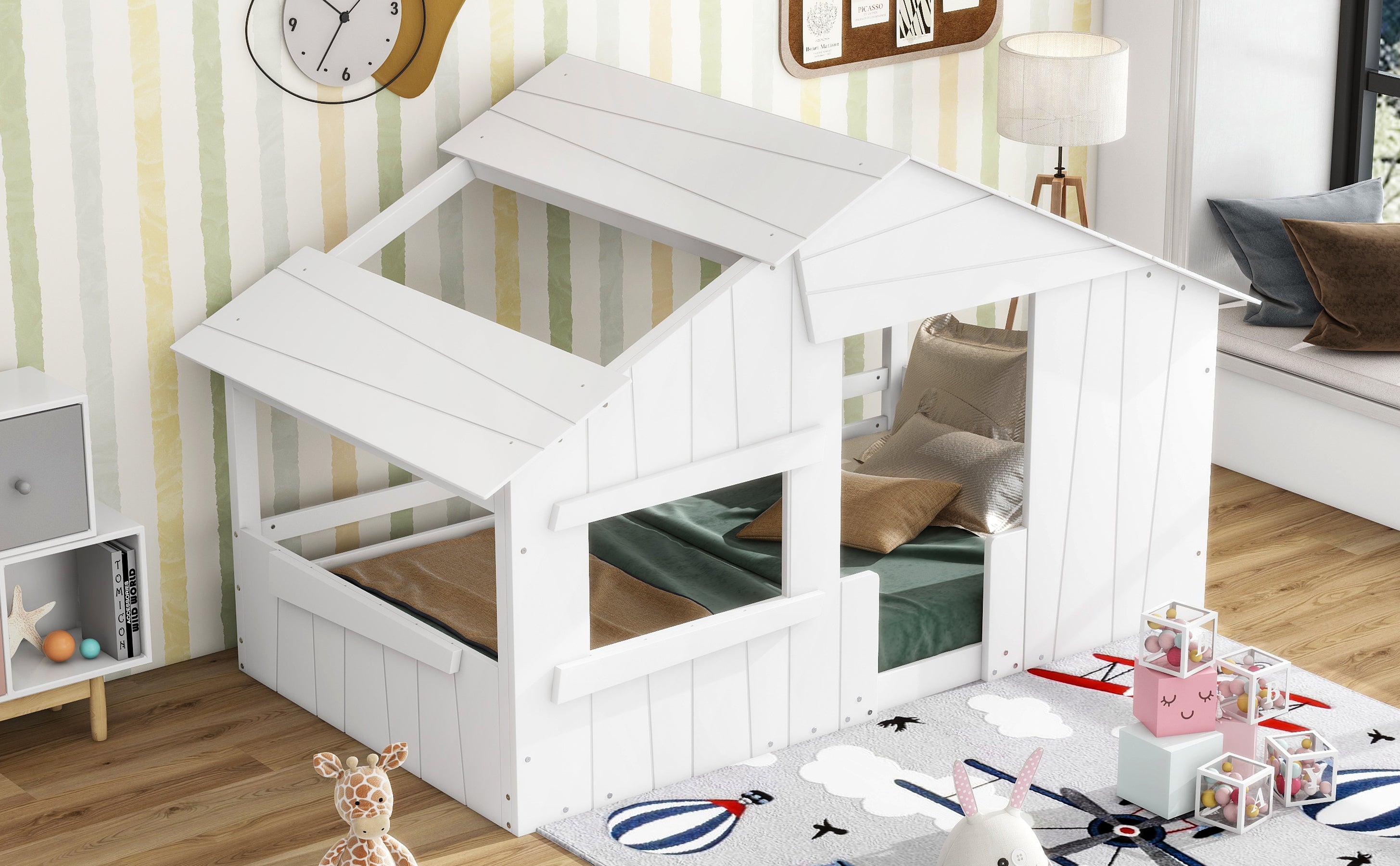 Wood Twin Size House Bed with Roof, Window and Guardrail, White - Atlantic Fine Furniture Melbourne FL