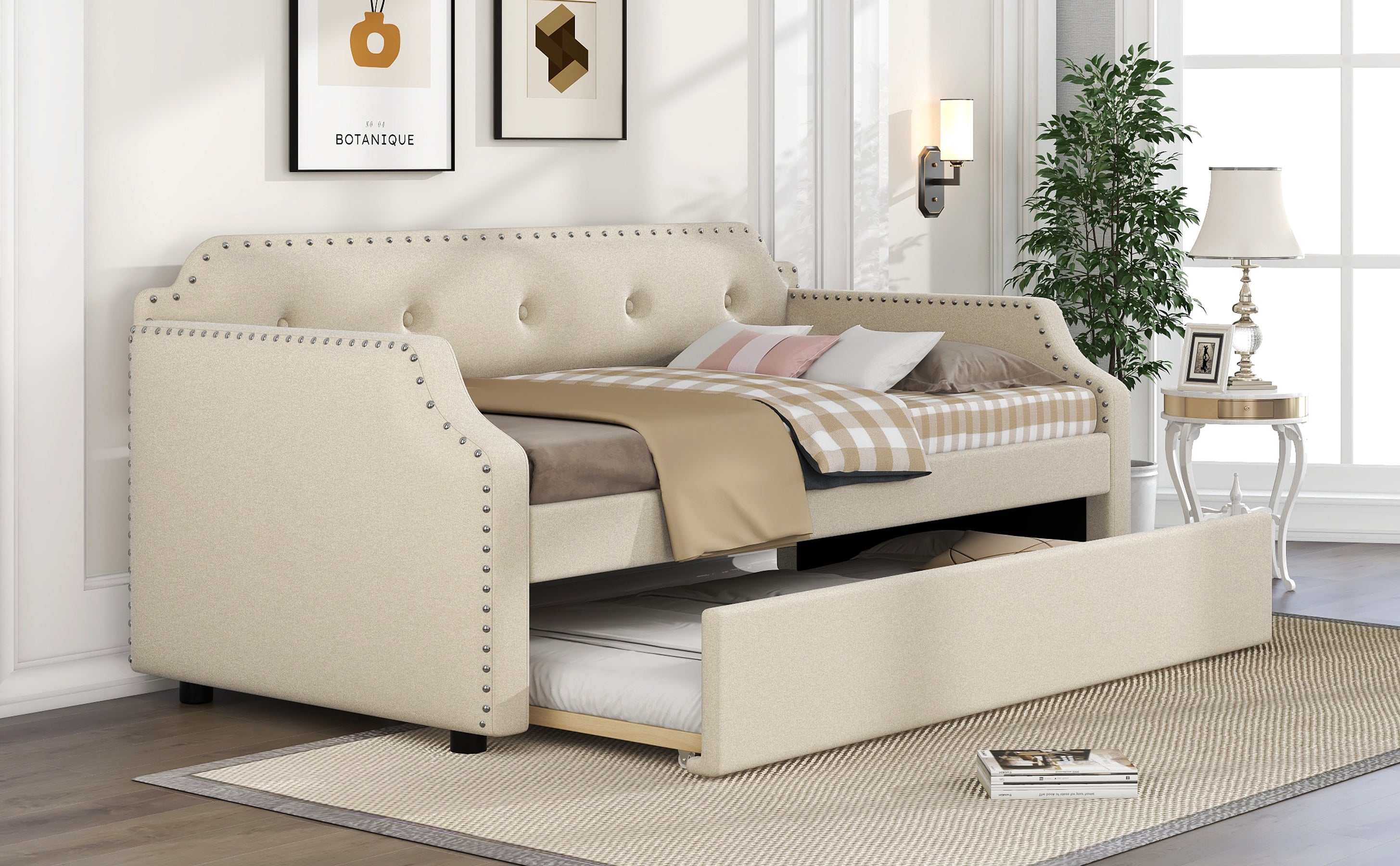 Upholstered Daybed with Trundle, Wood Slat Support,Upholstered Frame Sofa Bed, Twin, Beige - Atlantic Fine Furniture Melbourne FL