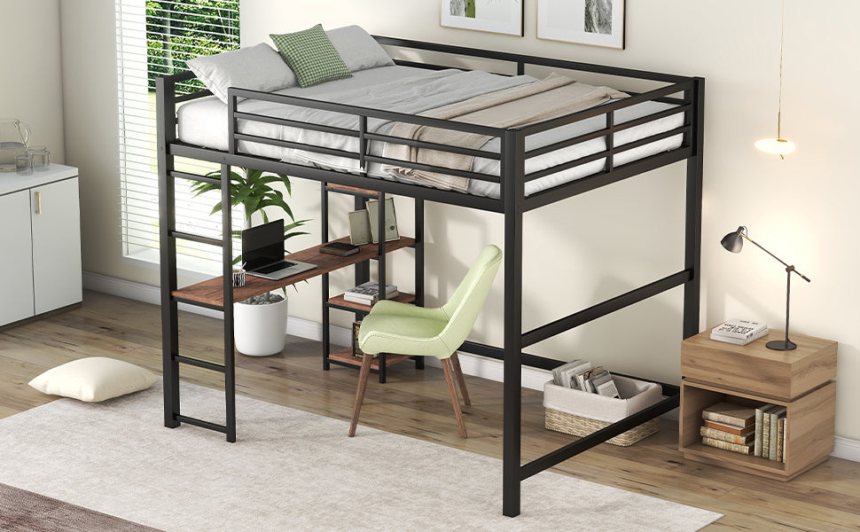 Full Size Metal Loft Bed with Built-in Desk and Storage Shelves, Black