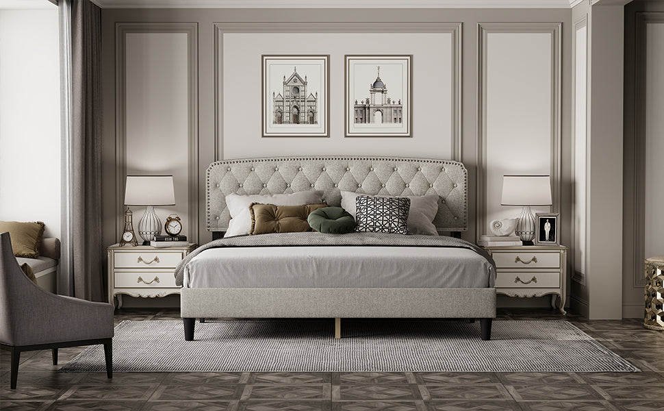 King size Adjustable Headboard with Fine Linen Upholstery and Button Tufting for Bedroom, Wave Top cream White