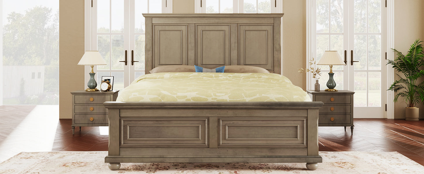 Traditional Town and Country Style Pinewood Vintage Full Bed, Stone