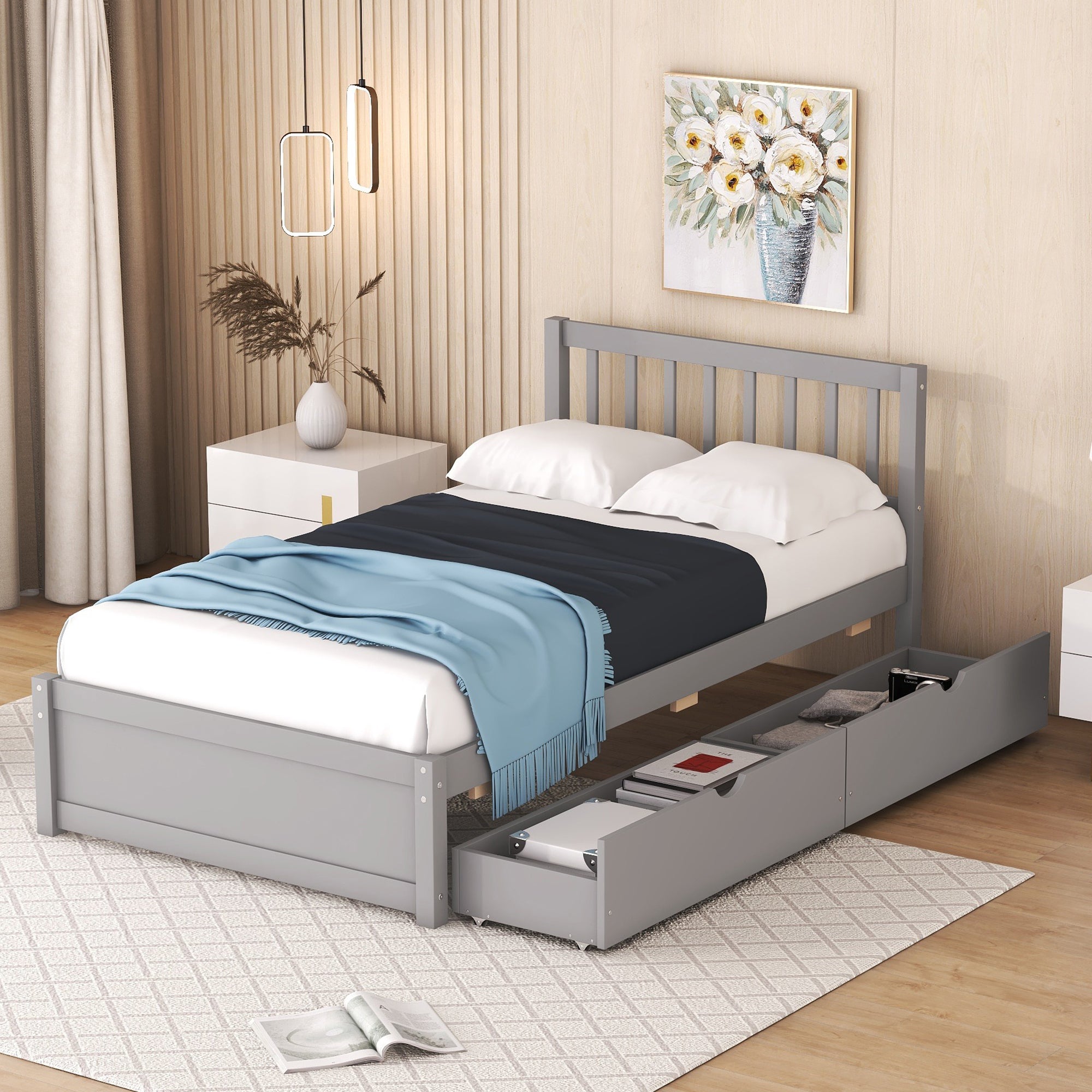 Modern Design Wooden Twin Size Platform Bed with 2 Drawers for Grey Color - Atlantic Fine Furniture Melbourne FL
