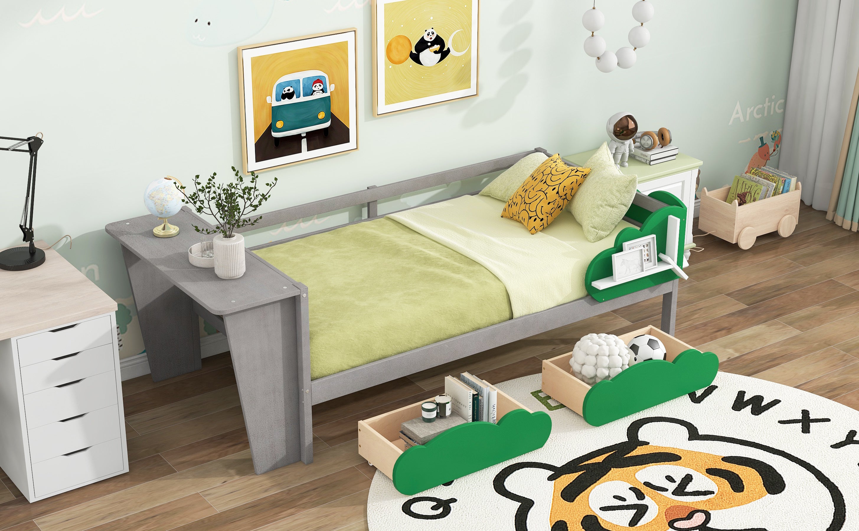 Twin Size Daybed with Desk, Green Leaf Shape Drawers and Shelves, Gray - Atlantic Fine Furniture Melbourne FL