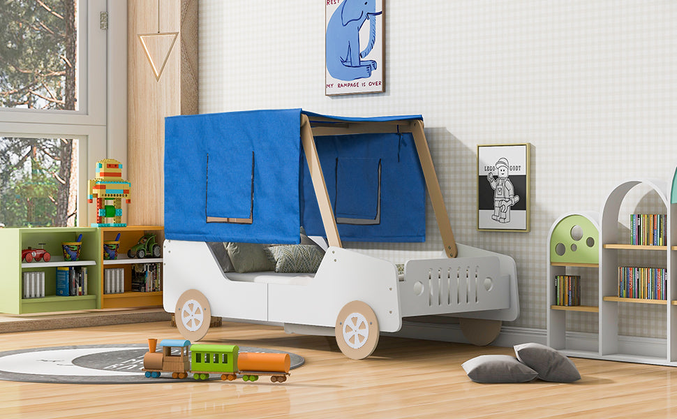 Twin Size Car Shaped Bed with Tents,White+Natural - Atlantic Fine Furniture Melbourne FL
