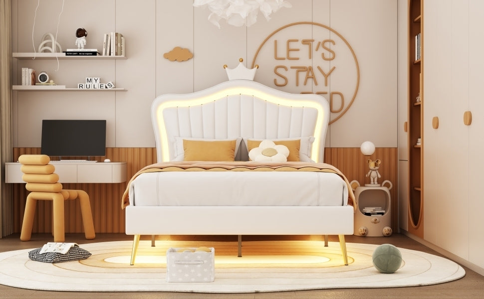 Full Size Upholstered Bed Frame with LED Lights,Modern Upholstered Princess Bed With Crown Headboard,White - Atlantic Fine Furniture Melbourne FL