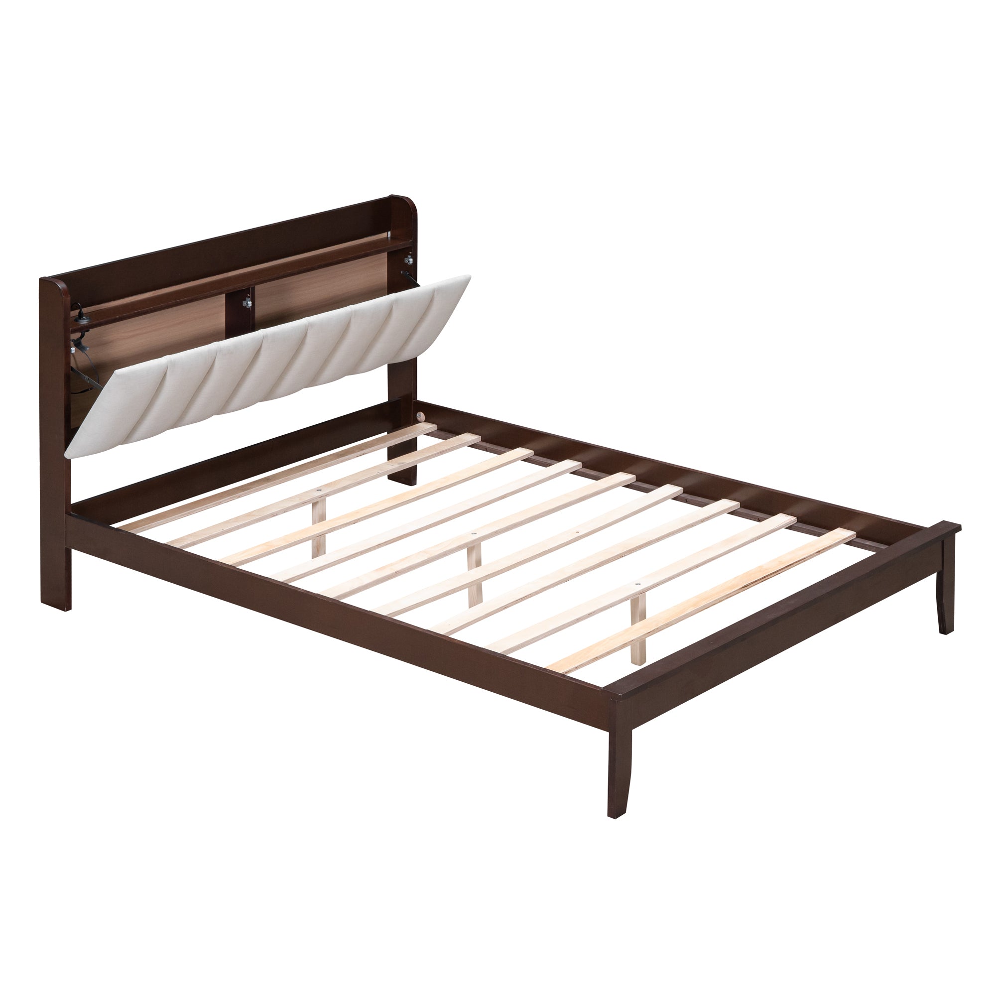 Full size Platform Bed with USB Charging Station and Storage Upholstered Headboard,LED Bed Frame,No Box Spring Needed,Walnut+Beige - Atlantic Fine Furniture Melbourne FL
