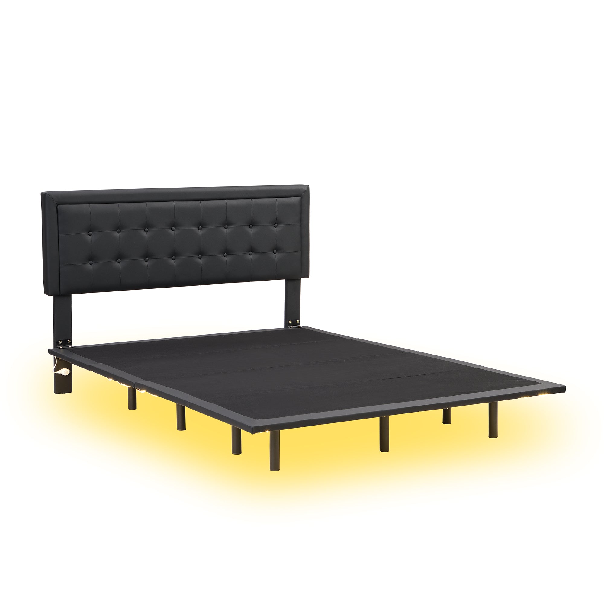 Queen Size Floating Bed Frame with Motion Activated Night Lights,Modern PU Upholstered Button Tufted Platform Bed Frame,Black - Atlantic Fine Furniture Melbourne FL