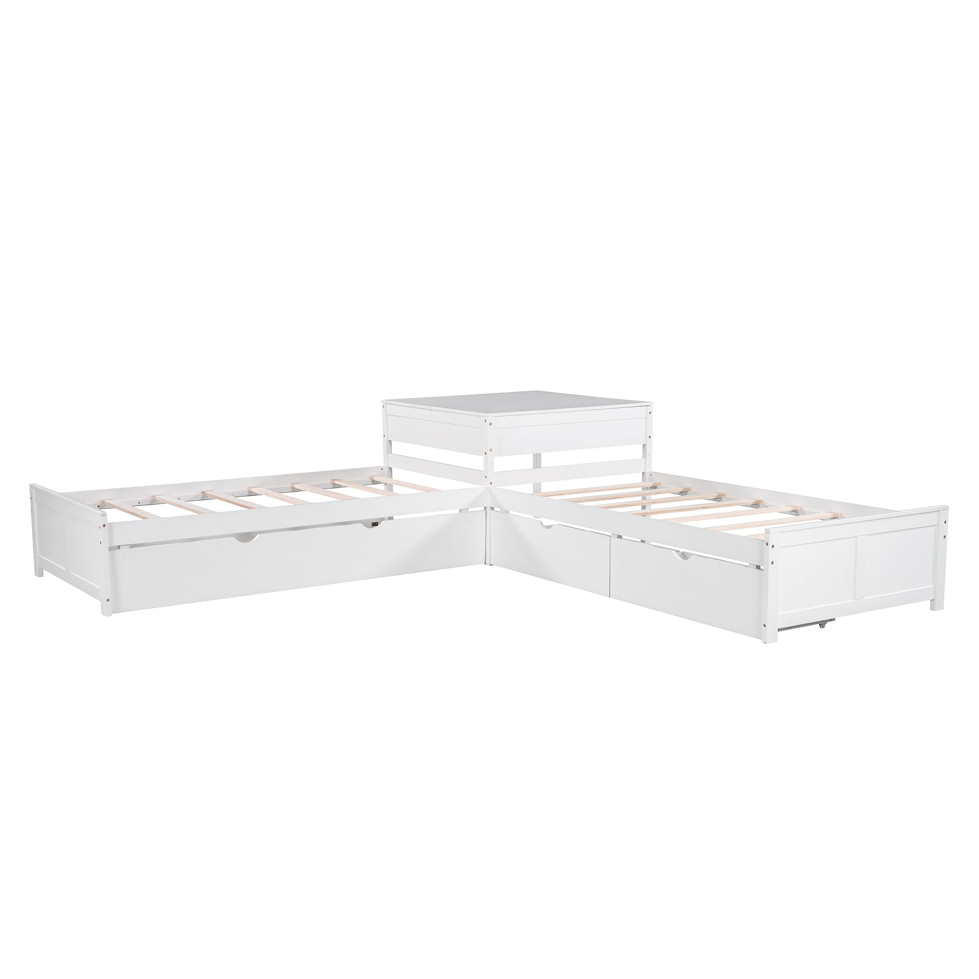 L-shaped Platform Bed with Trundle and Drawers Linked with built-in Desk,Twin,White - Atlantic Fine Furniture Melbourne FL