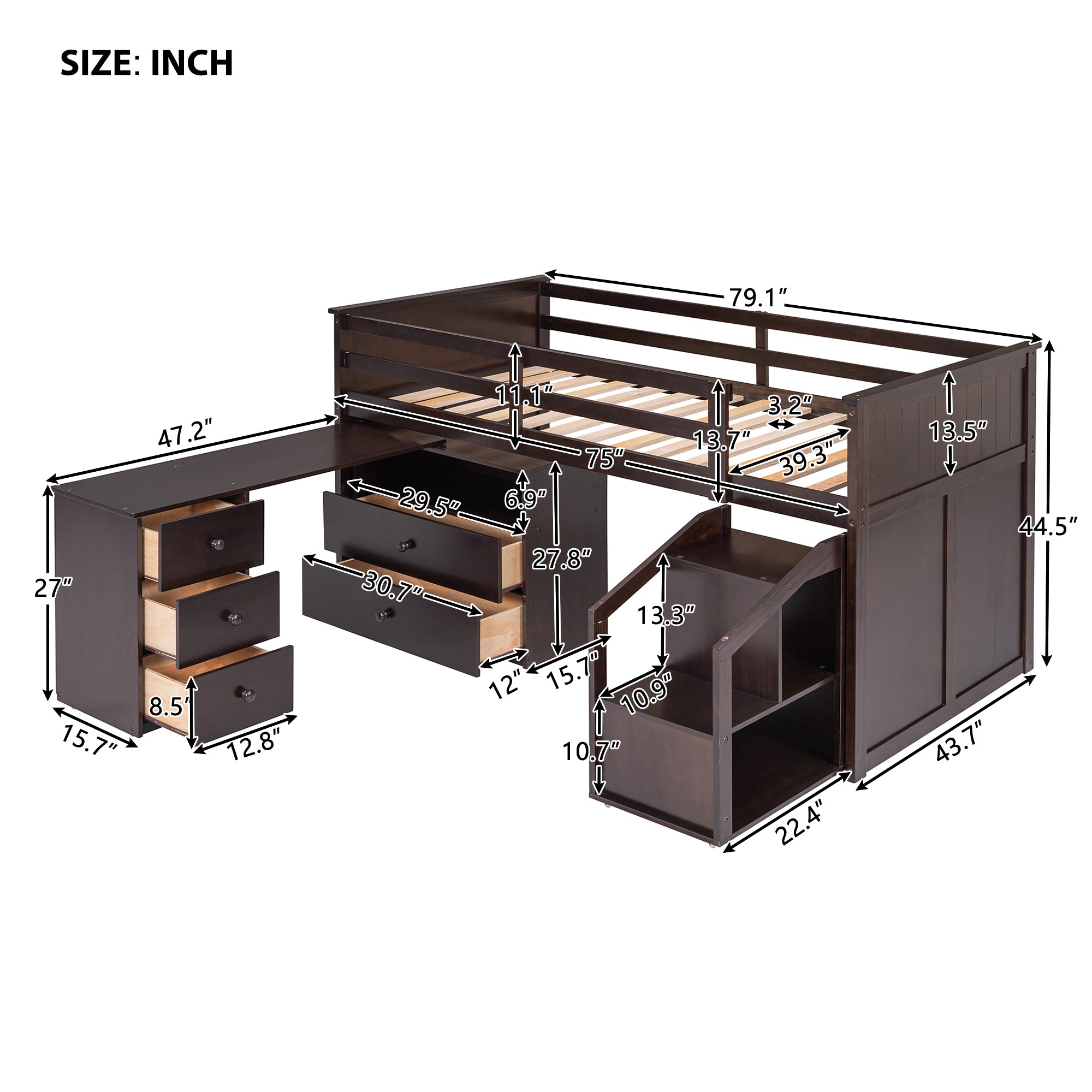 Loft Bed Low Study Twin Size Loft Bed With Storage Steps and Portable,Desk,Espresso(OLD SKU: LT000101AAP) - Atlantic Fine Furniture Melbourne FL