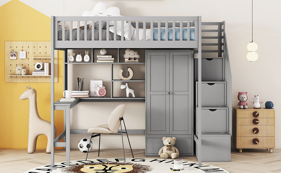Full size Loft Bed with Bookshelf,Drawers,Desk,and Wardrobe-Gray - Atlantic Fine Furniture Melbourne FL