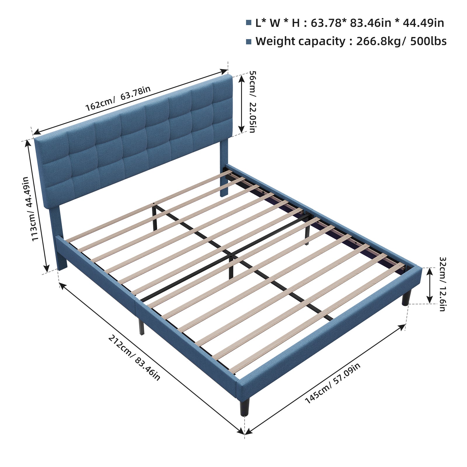Queen Size Upholstered Platform Bed Linen Bed Frame with Lights Square Stitched Adjustable Headboard Strong Bed Slats System No Box Spring Needed Blue - Atlantic Fine Furniture Melbourne FL
