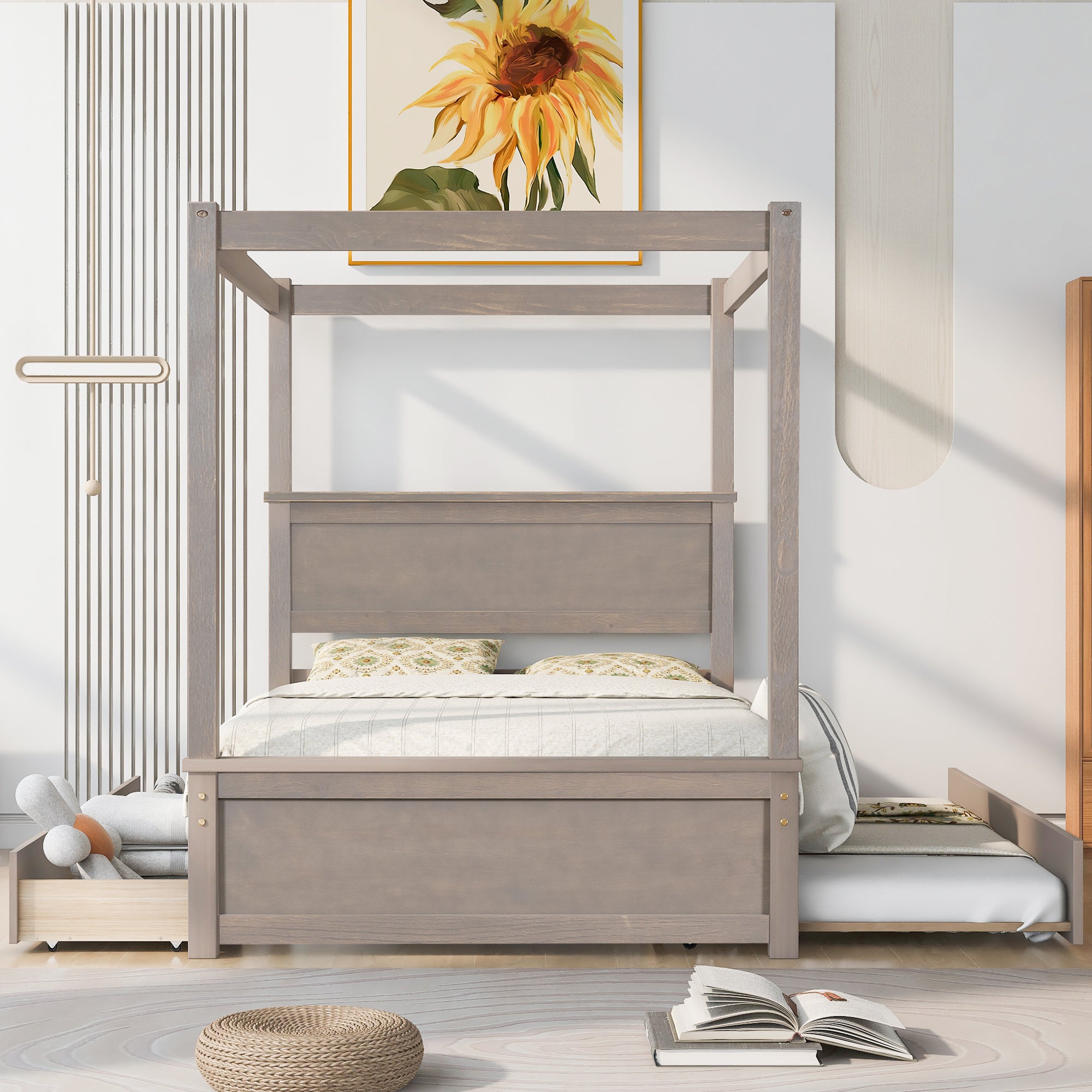 Wood Canopy Bed with Trundle Bed and two Drawers ,Full Size Canopy Platform bed With Support Slats .No Box Spring Needed, Brushed Light Brown - Atlantic Fine Furniture Melbourne FL