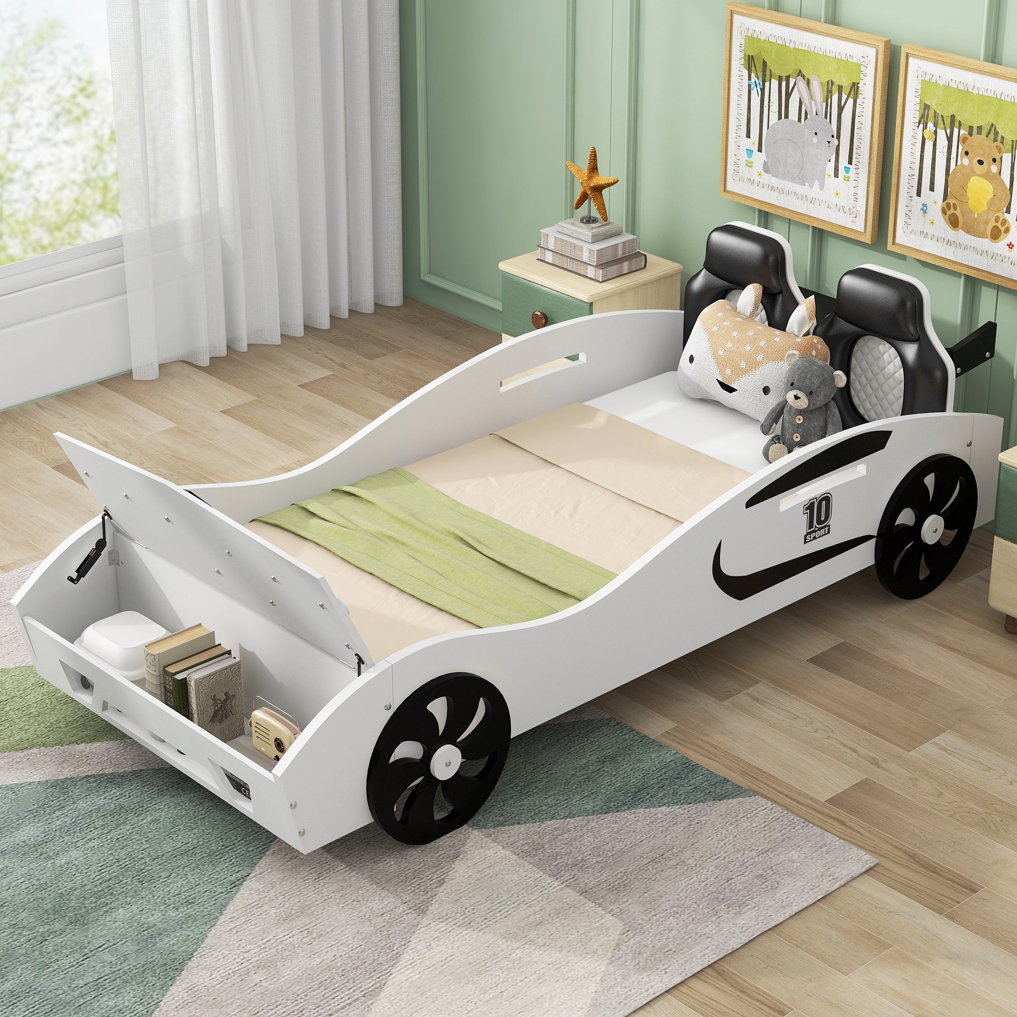 Twin Size Race Car-Shaped Platform Bed with Upholstered Backrest and Storage, White - Atlantic Fine Furniture Melbourne FL
