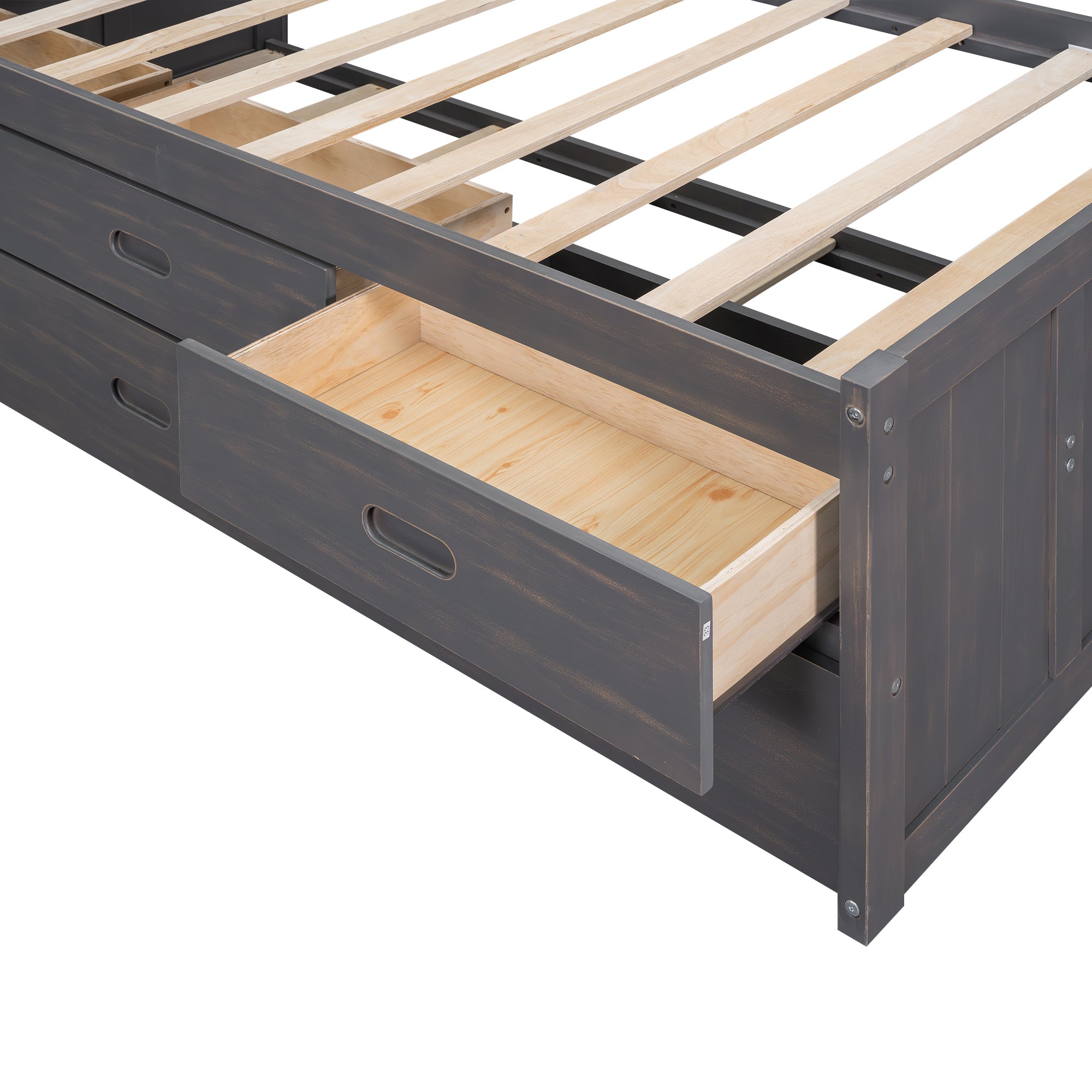 Twin Size Platform Bed with Storage Headboard, Charging Station, Twin Size Trundle and 3 Drawers, Antique Brown - Atlantic Fine Furniture Melbourne FL