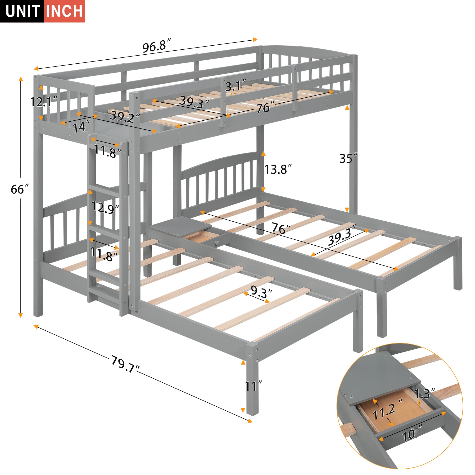 Twin over Twin & Twin Bunk Bed with Built-in Middle Drawer, Gray - Atlantic Fine Furniture Melbourne FL