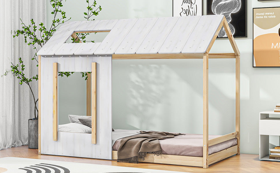 Twin Size House Platform with Roof and Window , White+Natural - Atlantic Fine Furniture Melbourne FL