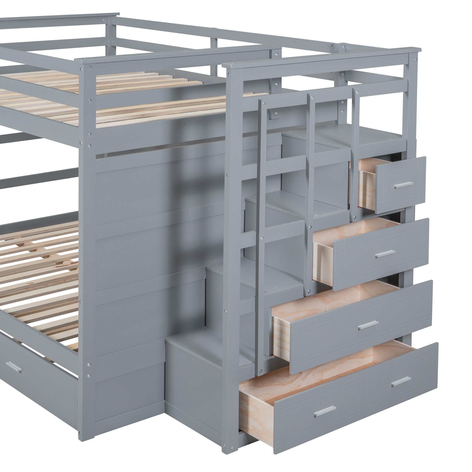 Full Over Full Bunk Bed with Twin Size Trundle and Staircase, Gray - Atlantic Fine Furniture Melbourne FL