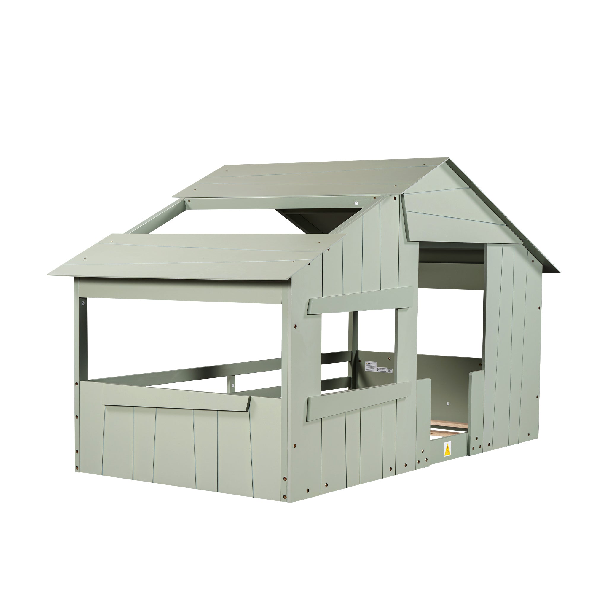 Wood Twin Size House Bed with Roof, Window and Guardrail, Light Green - Atlantic Fine Furniture Melbourne FL