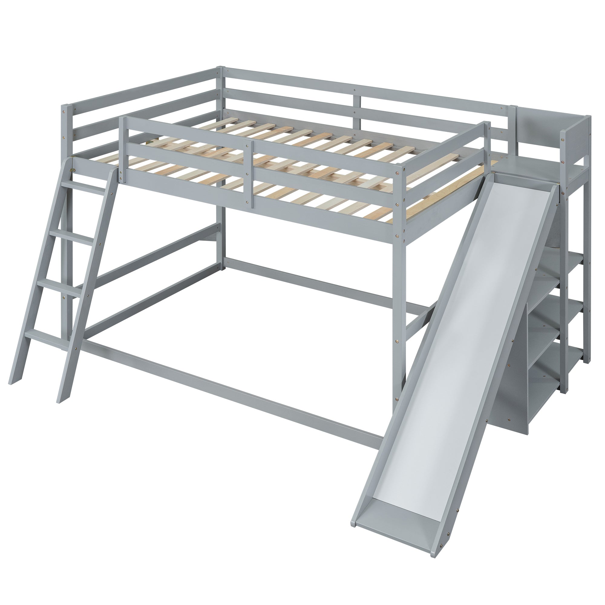 Full over Full Bunk Bed with Ladder, Slide and Shelves, Gray - Atlantic Fine Furniture Melbourne FL