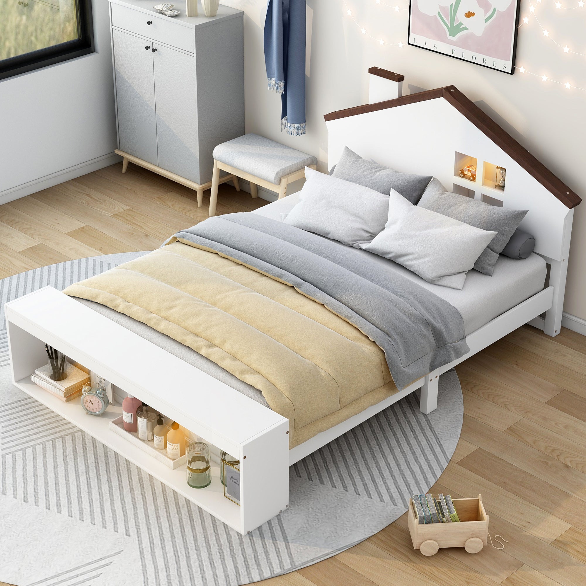 Full Size House Platform Bed with LED Lights and Storage, White - Atlantic Fine Furniture Melbourne FL
