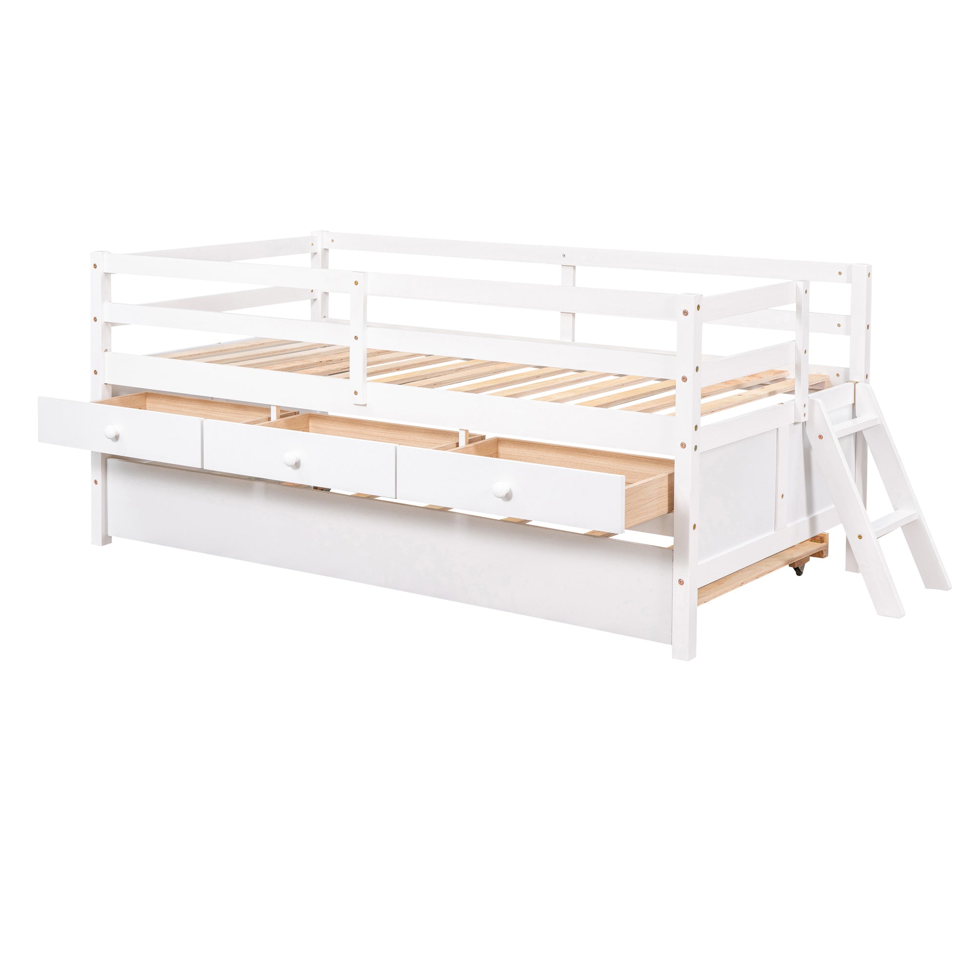 Low Loft Bed Twin Size with Full Safety Fence, Climbing ladder, Storage Drawers and Trundle White Solid Wood Bed - Atlantic Fine Furniture Melbourne FL
