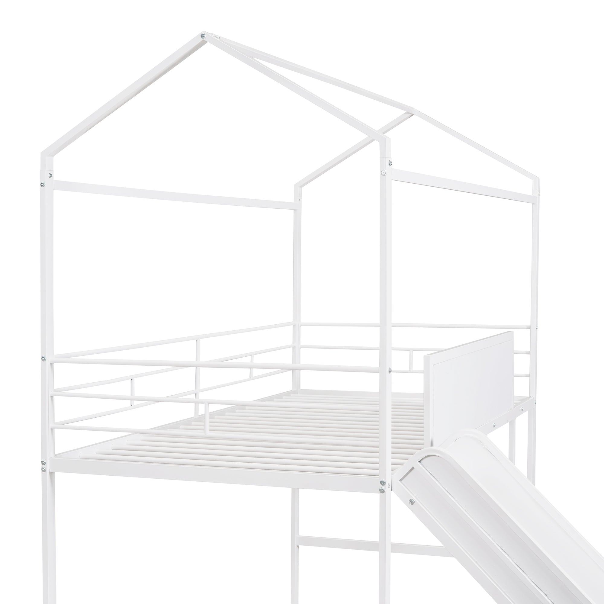 Metal House Bed With Slide, Twin Size Metal Loft Bed with Two-sided writable Wooden Board (White )